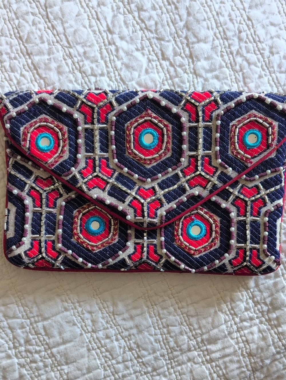 Embroidered Navy & Pink Geometric Beaded Clutch